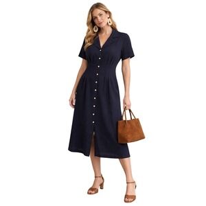H by Halston Navy Linen Blend Midi Shirt Dress Button Front Summer‎ Classic